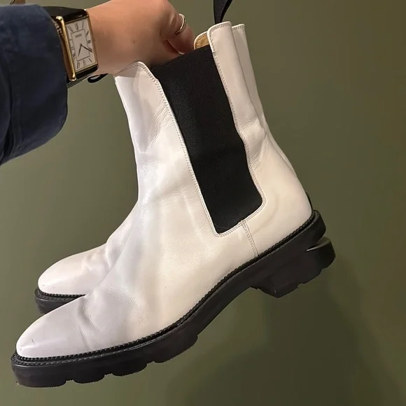 White Leather Ankle Boots with Black Elastic - Picture 1 of 6